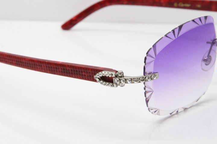 Cartier Rimless 8200762 Big Diamond Marble Red Aztec Arms Sunglasses In Gold Purple Lens