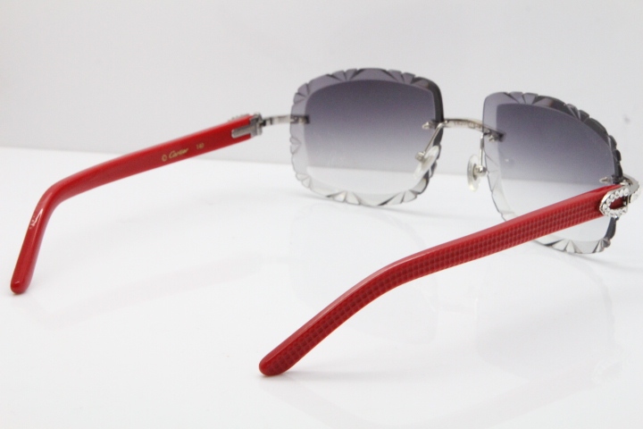 Cartier Rimless 8200762 Big Diamond Red Aztec Arms Sunglasses In Gold Gray Lens