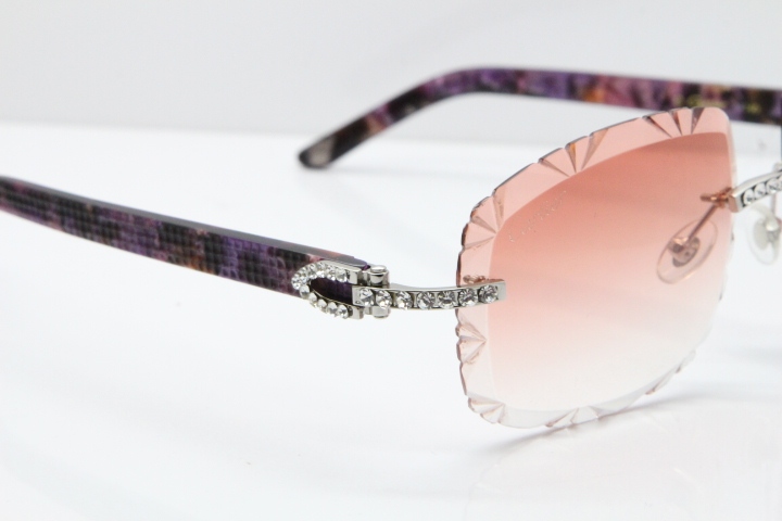 Cartier Rimless 8200762 Big Diamond Marble Purple Aztec Arms Sunglasses In Gold Pink Lens