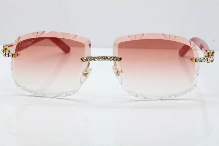 Cartier Rimless 8200762 Big Diamond Red Aztec Arms Sunglasses In Gold Pink Lens