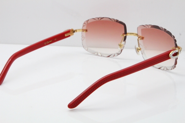 Cartier Rimless 8200762 Big Diamond Red Aztec Arms Sunglasses In Gold Pink Lens