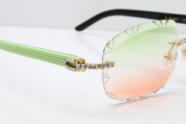 Cartier Rimless 8200762 Big Diamond  Black Green Aztec Arms Sunglasses In Gold Green Brown Lens