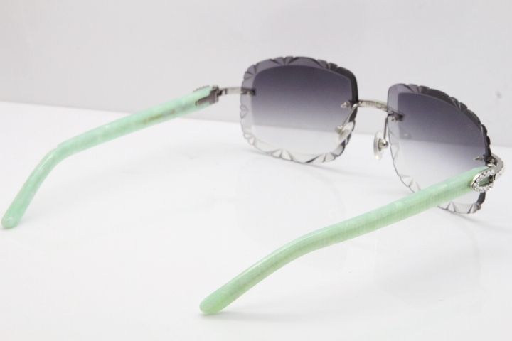 Cartier Rimless 8200762 Big Diamond Marble Green Aztec Arms Sunglasses In Gold Gray Lens 