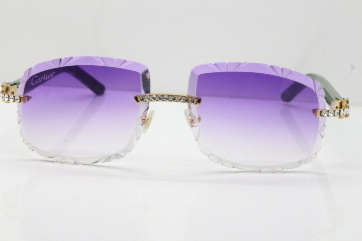 Cartier Rimless 8200762 Big Diamond Green Aztec Arms Sunglasses In Gold Purple Lens