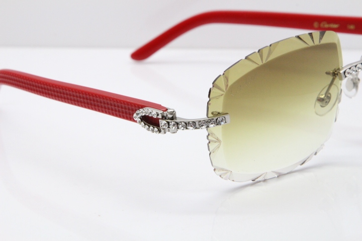 Cartier Rimless 8200762 Big Diamond Red Aztec Arms Sunglasses In Gold Brown Lens