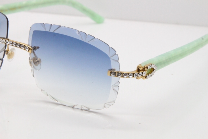 Cartier Rimless 8200762 Big Diamond Marble Green Aztec Arms Sunglasses In Gold Blue Lens 