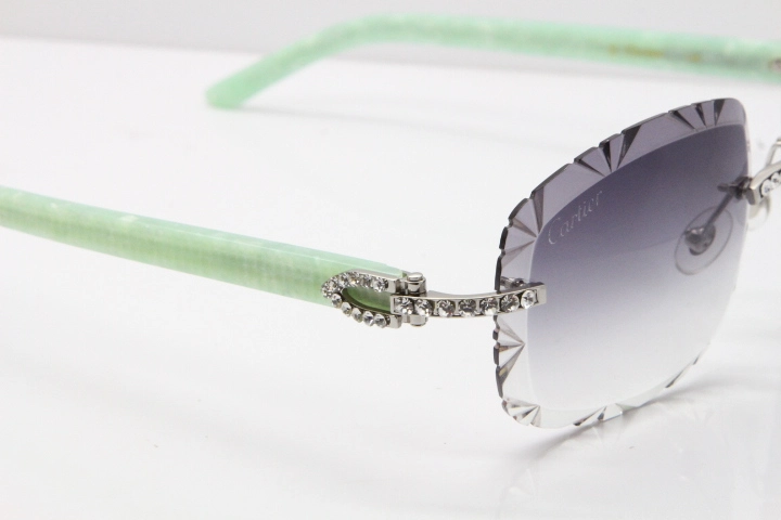 Cartier Rimless 8200762 Big Diamond Marble Green Aztec Arms Sunglasses In Gold Gray Lens 