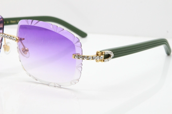 Cartier Rimless 8200762 Big Diamond Green Aztec Arms Sunglasses In Gold Purple Lens