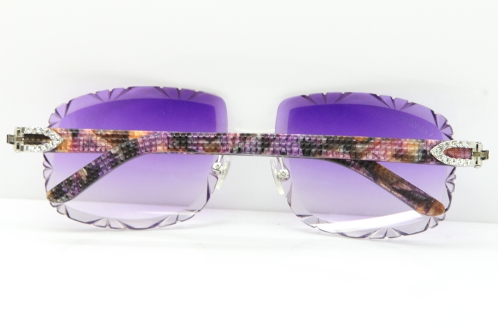 Cartier Rimless 8200762 Big Diamond Marble Purple Aztec Arms Sunglasses In Gold Purple Lens