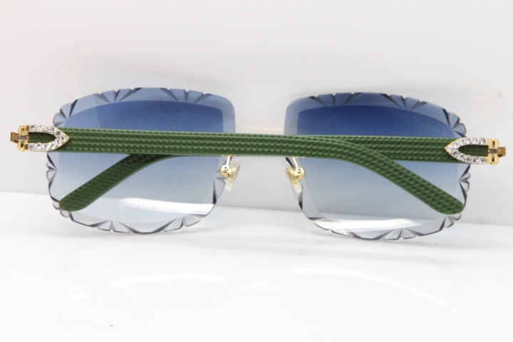 Cartier Rimless 8200762 Big Diamond Green Aztec Arms Sunglasses In Gold Blue Lens 