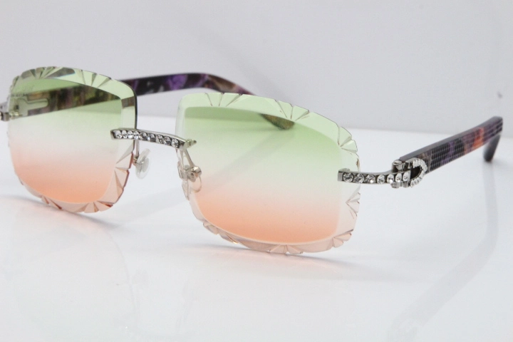 Cartier Rimless 8200762 Big Diamond Marble Purple Aztec Arms Sunglasses In Gold Green Brown Lens 