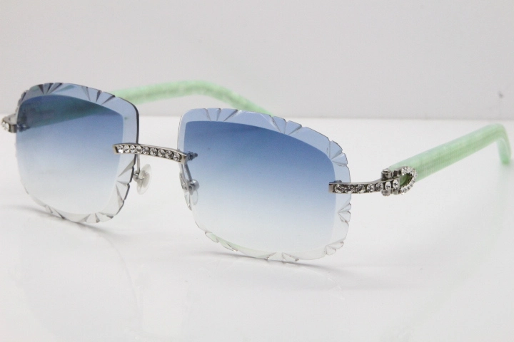 Cartier Rimless 8200762 Big Diamond Marble Green Aztec Arms Sunglasses In Gold Blue Lens 