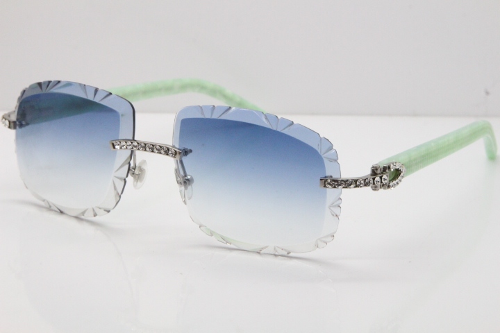 Cartier Rimless 8200762 Big Diamond Marble Green Aztec Arms Sunglasses In Gold Blue Lens 