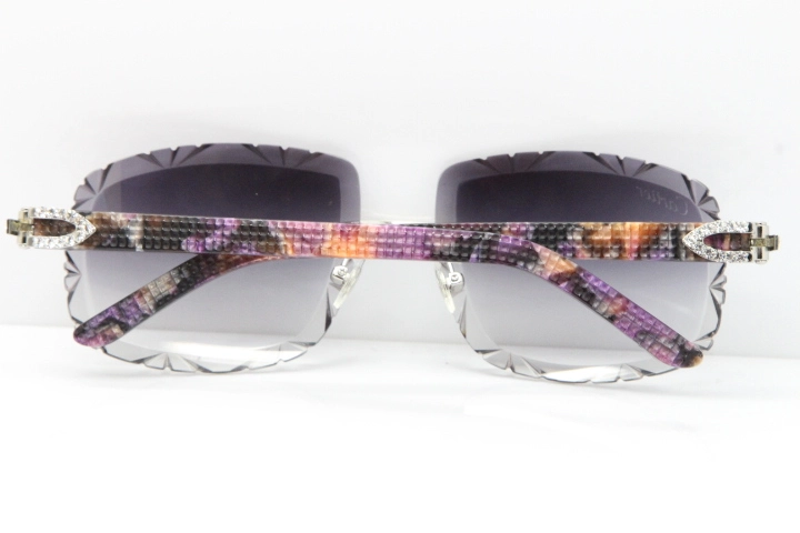 Cartier Rimless 8200762 Big Diamond Marble Purple Aztec Arms Sunglasses In Gold Gray Lens