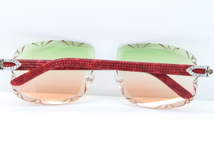 Cartier Rimless 8200762 Big Diamond Marble Red Aztec Arms Sunglasses In Gold Green Brown Lens