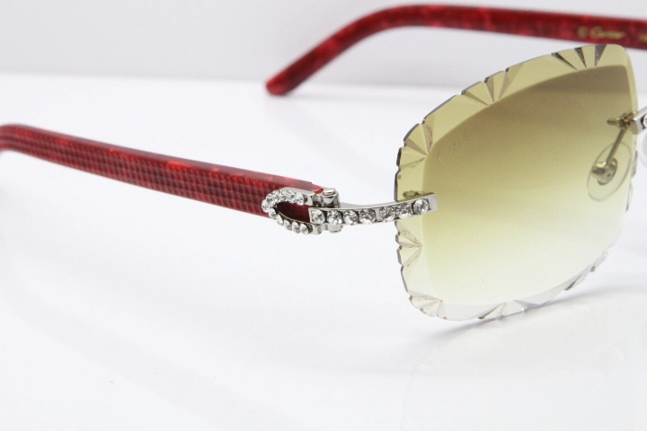 Cartier Rimless 8200762 Big Diamond Marble Red Aztec Arms Sunglasses In Gold Brown Lens