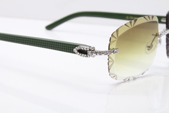 Cartier Rimless 8200762 Big Diamond Green Aztec Arms Sunglasses In Gold Brown Lens 