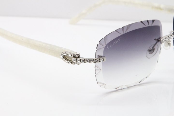 Cartier Rimless 8200762 Big Diamond Marble White Aztec Arms Sunglasses In Gold Gray Lens