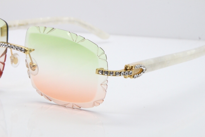 Cartier Rimless 8200762 Big Diamond Marble White Aztec Arms Sunglasses In Gold Green Brown Lens