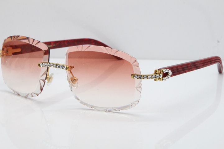 Cartier Rimless 8200762 Big Diamond Marble Red Aztec Arms Sunglasses In Gold Pink Lens