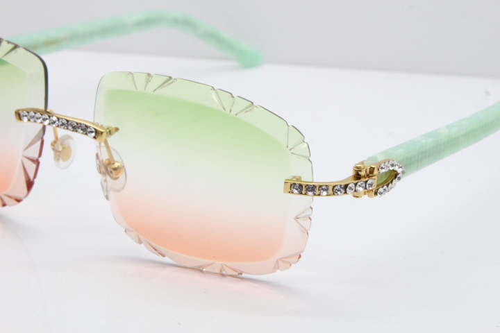 Cartier Rimless 8200762 Big Diamond Marble Green Aztec Arms Sunglasses In Gold Green Brown Lens 