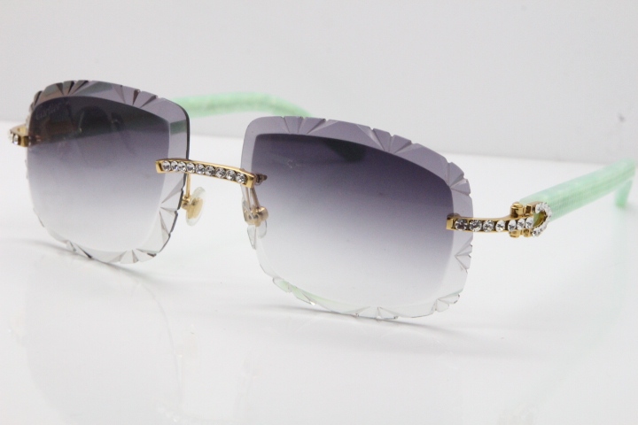 Cartier Rimless 8200762 Big Diamond Marble Green Aztec Arms Sunglasses In Gold Gray Lens 