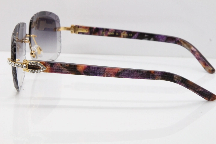 Cartier Rimless 8200762 Big Diamond Marble Purple Aztec Arms Sunglasses In Gold Gray Lens