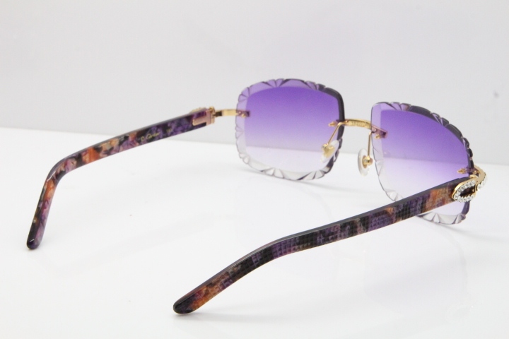 Cartier Rimless 8200762 Big Diamond Marble Purple Aztec Arms Sunglasses In Gold Purple Lens