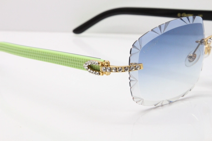 Cartier Rimless 8200762 Big Diamond Black Green Aztec Arms Sunglasses In Gold Blue Lens