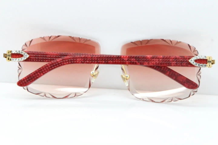 Cartier Rimless 8200762 Big Diamond Marble Red Aztec Arms Sunglasses In Gold Pink Lens
