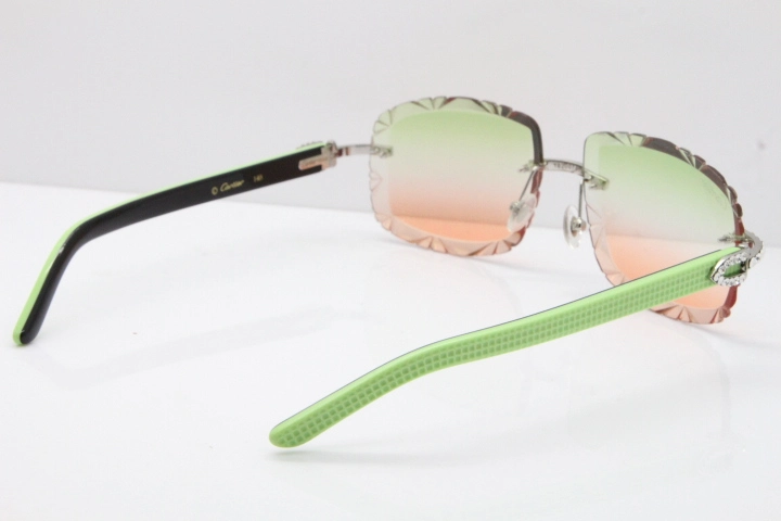 Cartier Rimless 8200762 Big Diamond  Black Green Aztec Arms Sunglasses In Gold Green Brown Lens