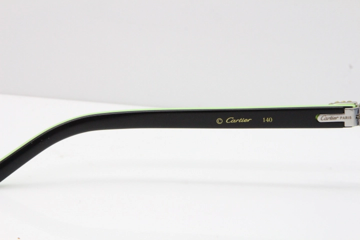 Cartier Rimless 8200762 Big Diamond Black Green Aztec Arms Sunglasses In Gold Blue Lens