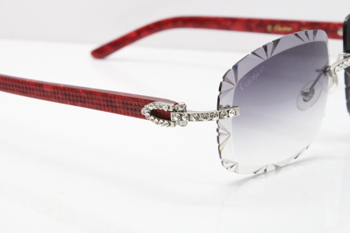 Cartier Rimless 8200762 Big Diamond Marble Red Aztec Arms Sunglasses In Gold Gray Lens