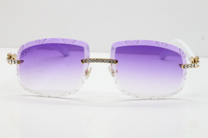 Cartier Rimless 8200762 Big Diamond White Aztec Arms Sunglasses In Gold Purple Lens 