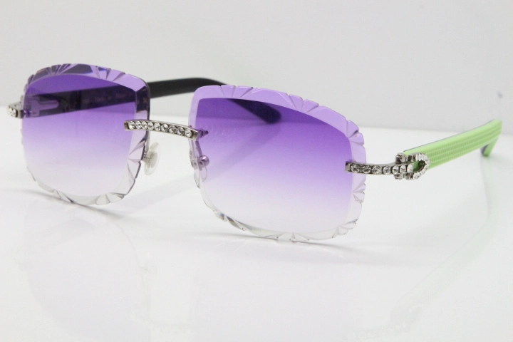 Cartier Rimless 8200762 Big Diamond  Black Green Aztec Arms Sunglasses In Gold Purpel Lens 