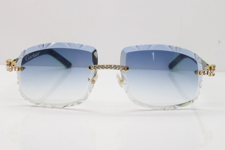 Cartier Rimless 8200762 Big Diamond Black Green Aztec Arms Sunglasses In Gold Blue Lens