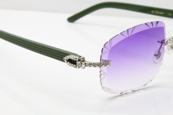 Cartier Rimless 8200762 Big Diamond Green Aztec Arms Sunglasses In Gold Purple Lens