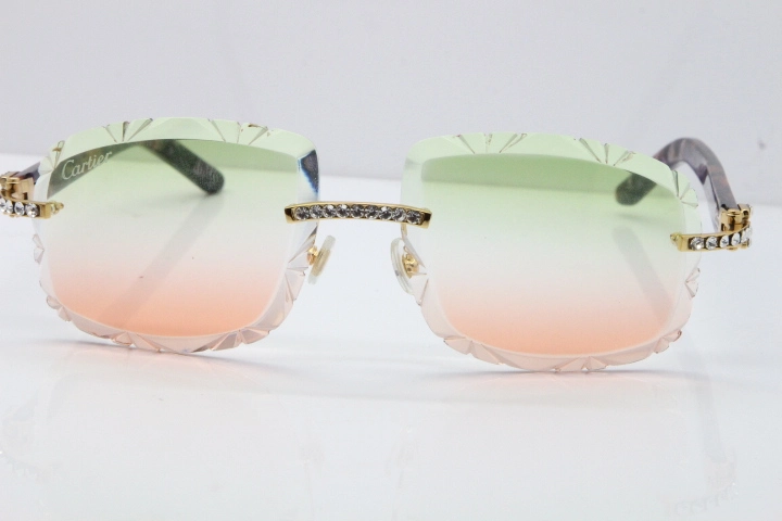 Cartier Rimless 8200762 Big Diamond Marble Purple Aztec Arms Sunglasses In Gold Green Brown Lens 