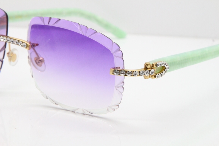 Cartier Rimless 8200762 Big Diamond Marble Green Aztec Arms Sunglasses In Gold Purple Lens 