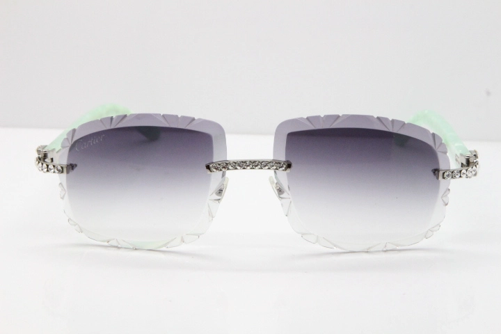 Cartier Rimless 8200762 Big Diamond Marble Green Aztec Arms Sunglasses In Gold Gray Lens 