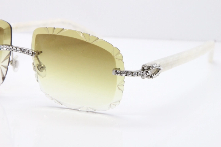 Cartier Rimless 8200762 Big Diamond Marble White Aztec Arms Sunglasses In Gold Brown Lens