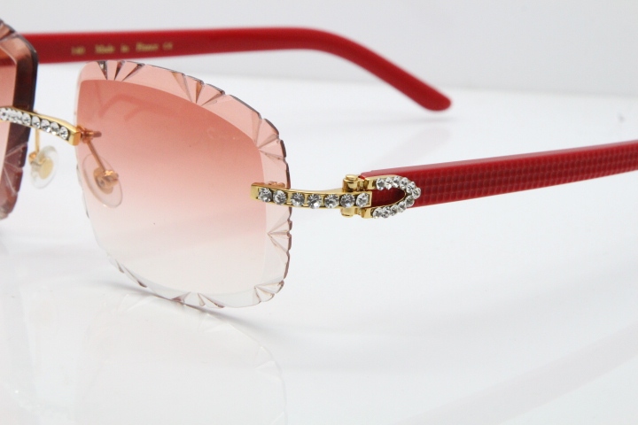 Cartier Rimless 8200762 Big Diamond Red Aztec Arms Sunglasses In Gold Pink Lens