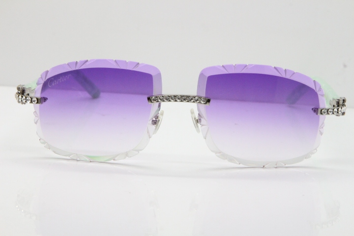 Cartier Rimless 8200762 Big Diamond Marble Green Aztec Arms Sunglasses In Gold Purple Lens 