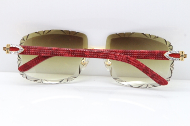 Cartier Rimless 8200762 Big Diamond Marble Red Aztec Arms Sunglasses In Gold Brown Lens