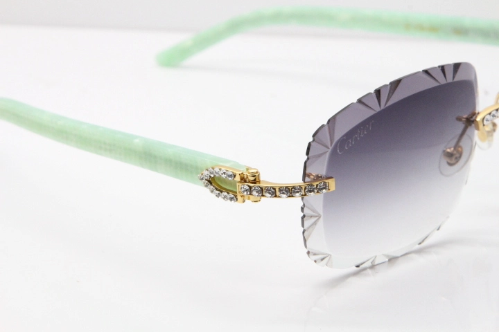 Cartier Rimless 8200762 Big Diamond Marble Green Aztec Arms Sunglasses In Gold Gray Lens 