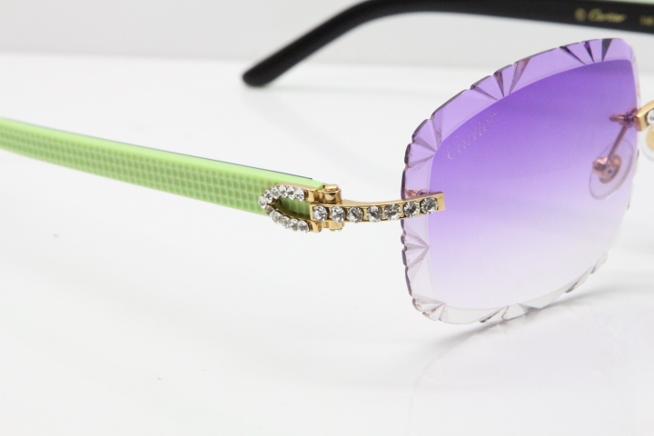 Cartier Rimless 8200762 Big Diamond  Black Green Aztec Arms Sunglasses In Gold Purpel Lens 