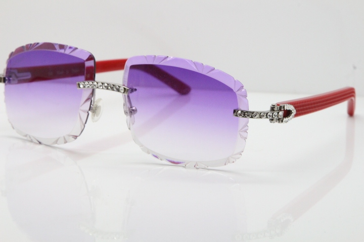 Cartier Rimless 8200762 Big Diamond Red Aztec Arms Sunglasses In Gold Purple