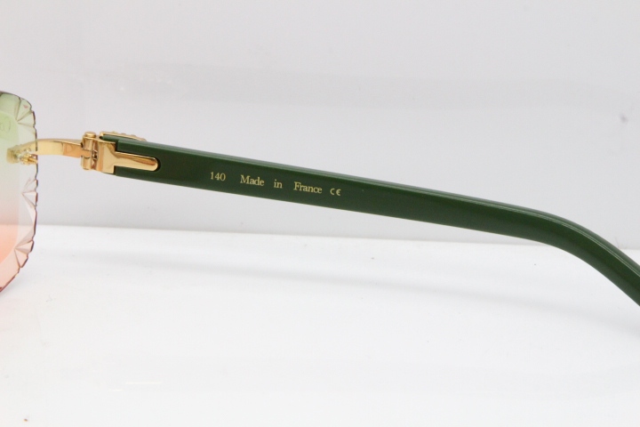 Cartier Rimless 8200762 Big Diamond Green Aztec Arms Sunglasses In Gold Green Brown Lens