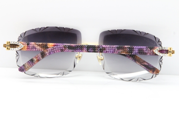 Cartier Rimless 8200762 Big Diamond Marble Purple Aztec Arms Sunglasses In Gold Gray Lens