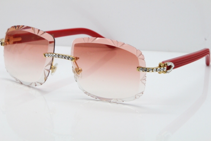Cartier Rimless 8200762 Big Diamond Red Aztec Arms Sunglasses In Gold Pink Lens